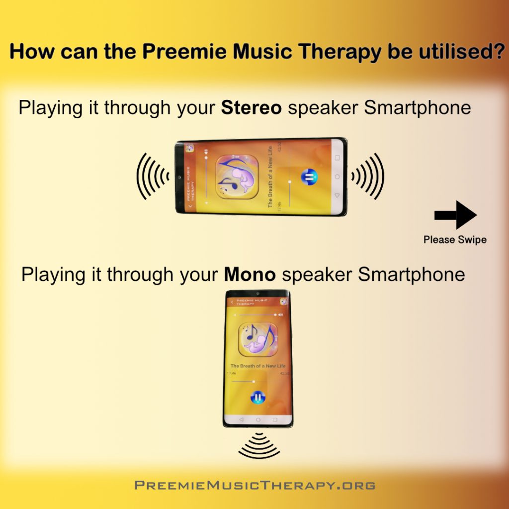 Smartphone with the Preemie Music Therapy App, playing baby music.